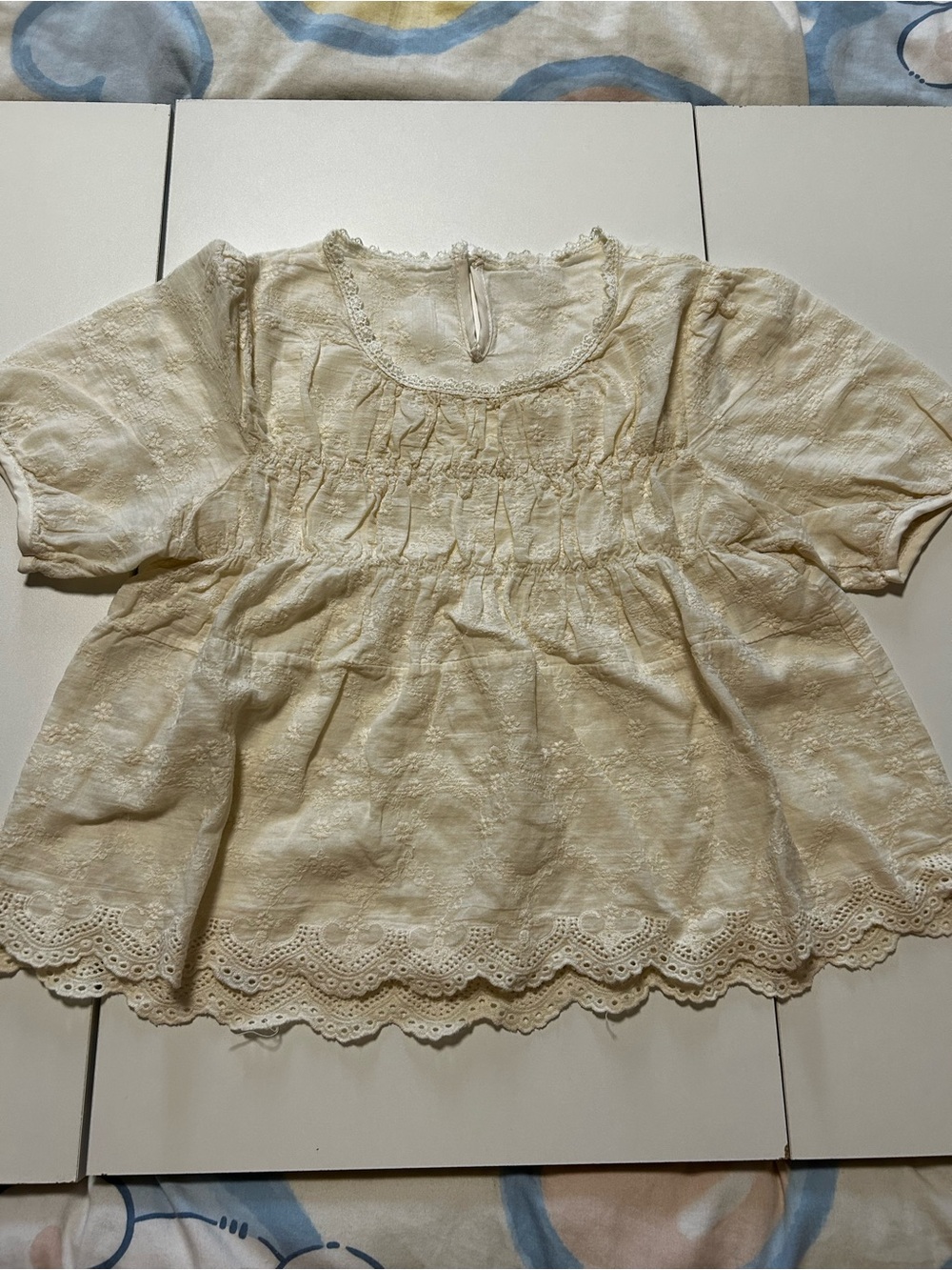 Cream Lace-Trim Smocked Top